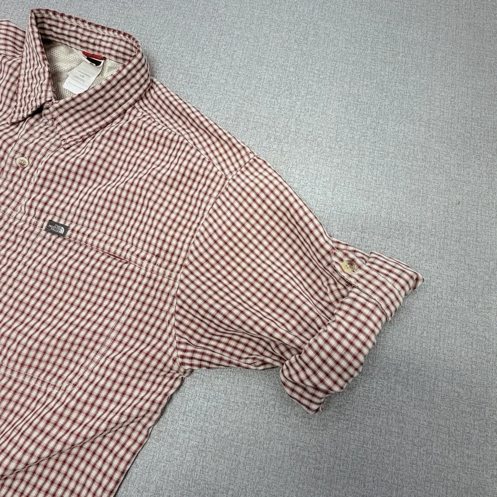 The North Face Button Down Flannel Shirt Red Plaid Mens LARGE Check Zip Pocket